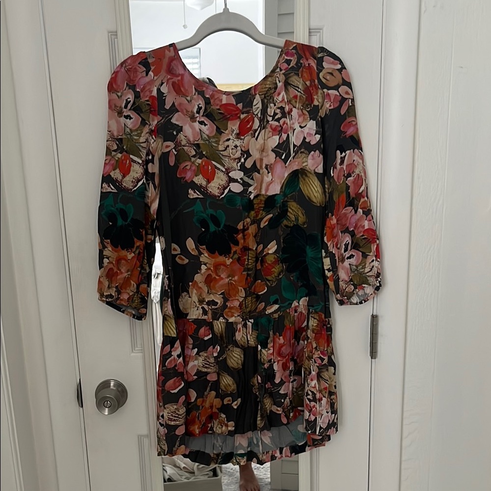 Meadow Rue Floral Mini Dress - Black and Pink